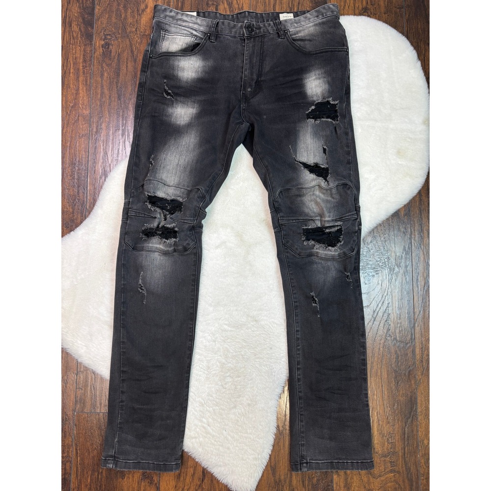 Smoke Rise Jeans 36x34 Black Gray Distressed Ripped Biker Moto Mens